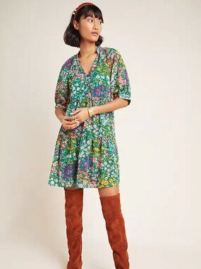 Anthropologie Maeve Melinda Green Floral Tiered Dress
